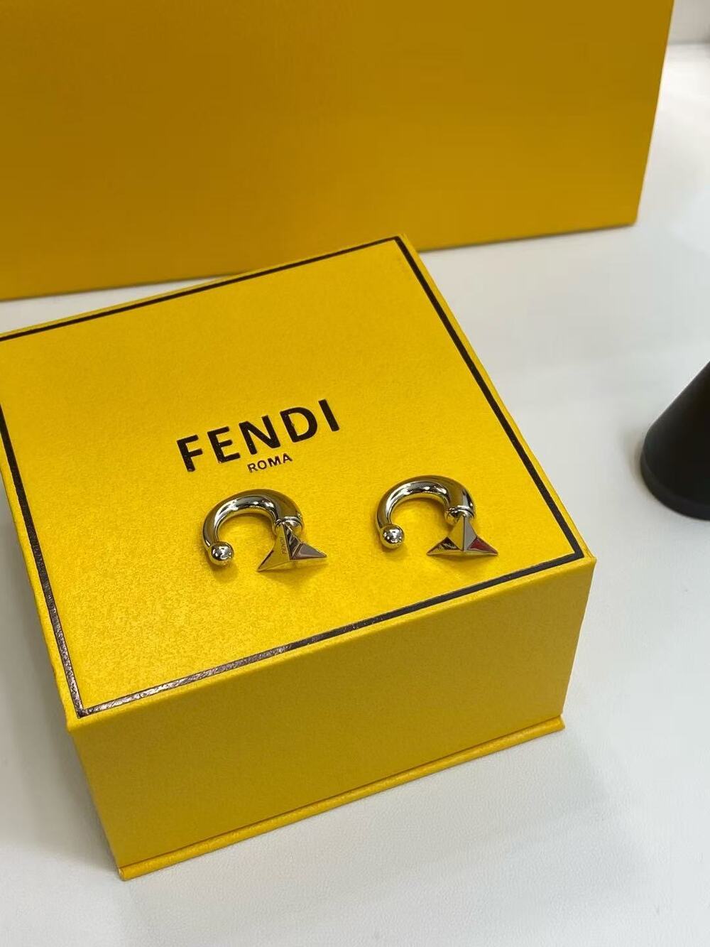 Fendi Silver Tone FF Logo Mini Huggie Hoop Earrings